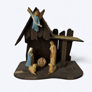 Vtg Wooden Nativity Manger Creche Plastic Fixed Figures Jesus Angel Mary Joseph